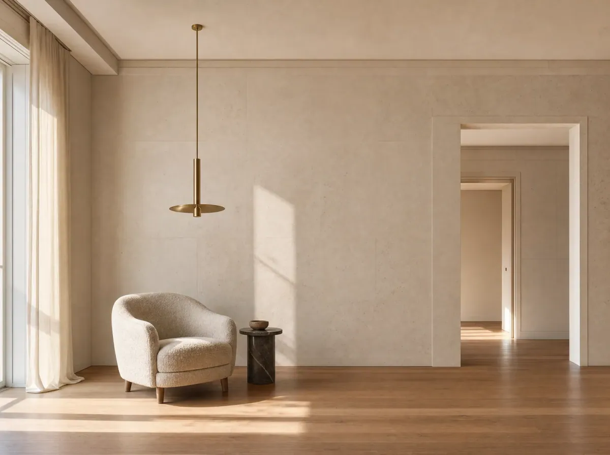 Illustrative Wohnraumszene mit Sessel, Holzboden und warmem Licht